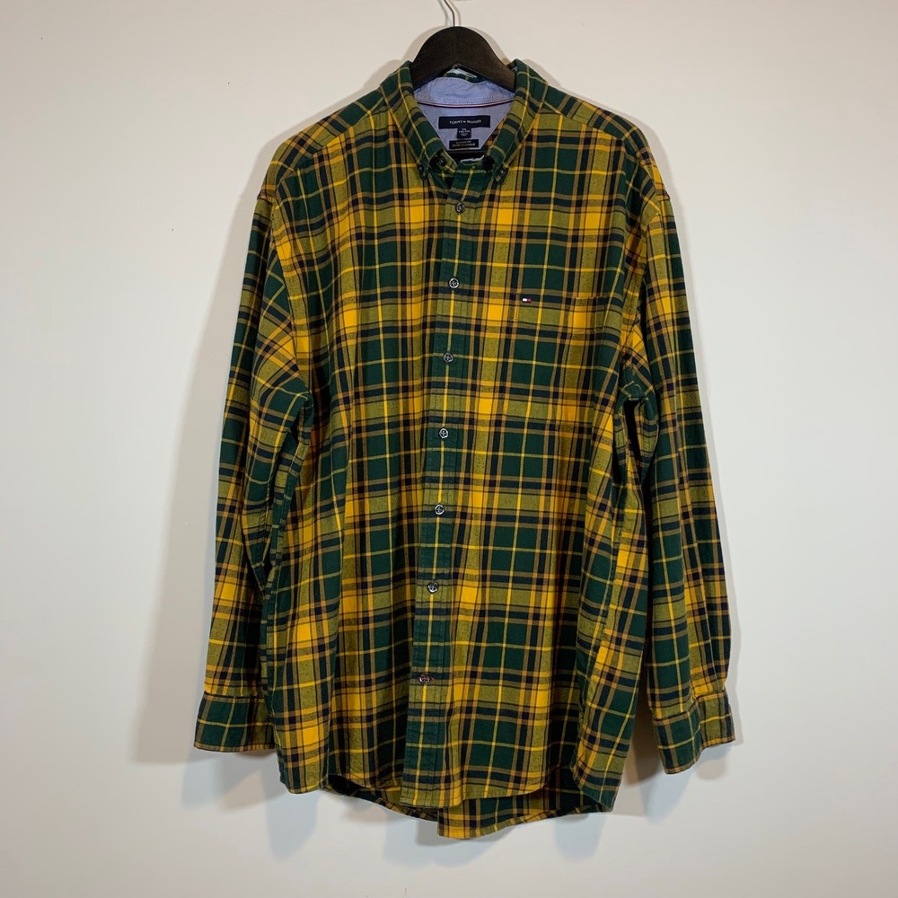 Tommy Hilfiger Mens XXL Green Yellow Plaid Flannel Button Down Classic Fit Shirt